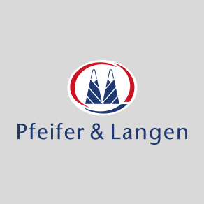 Logo von Pfeifer & Langen mit Symbol und Schriftzug auf grauem Hintergrund.
