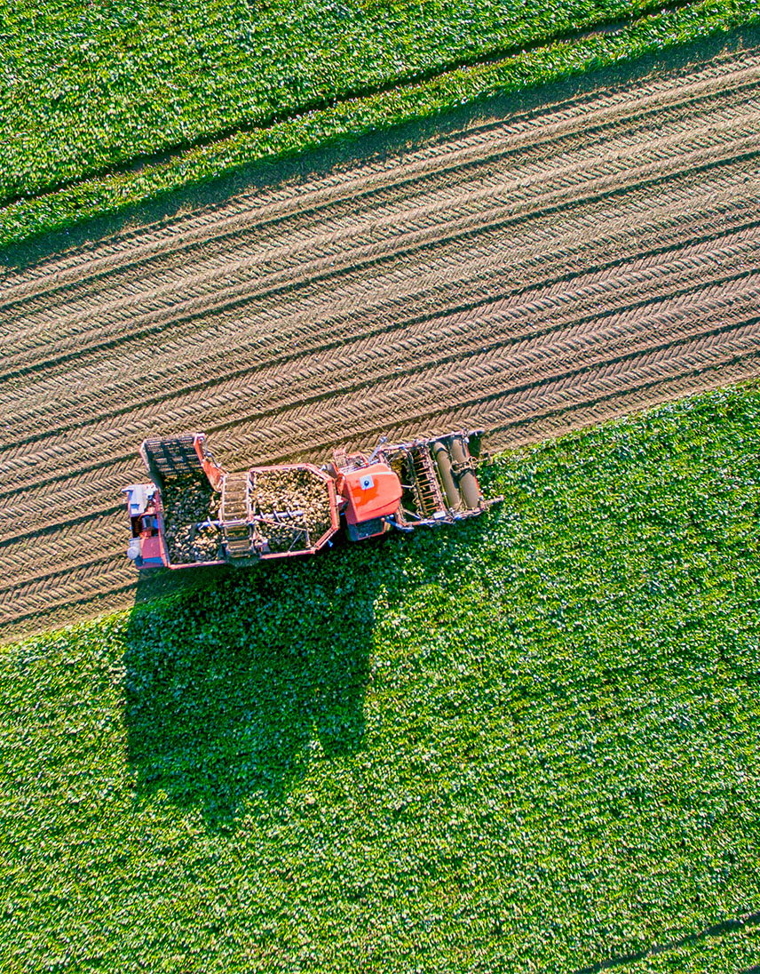Eine landwirtschaftliche Erntemaschine arbeitet auf einem grünen Feld, aufgenommen aus der Luft.