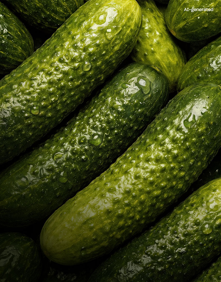 Close-up of several green cucumbers with textured surfaces