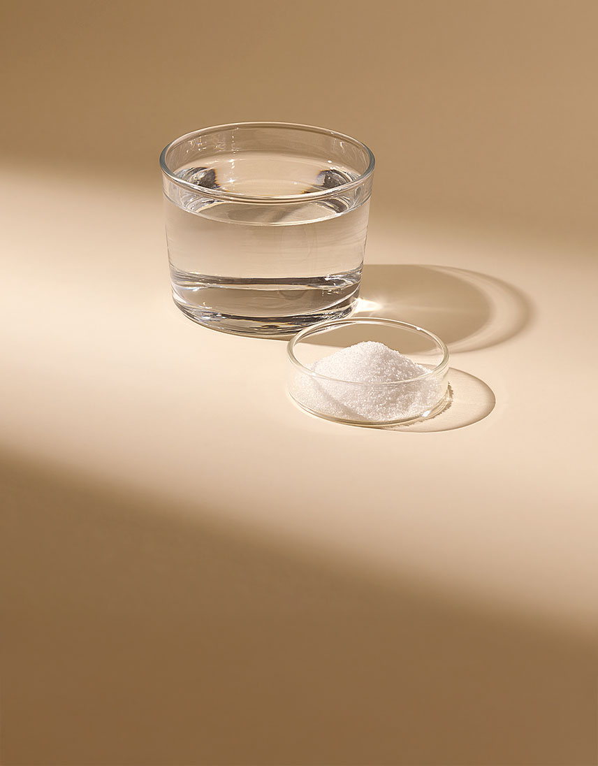 Ein Glas mit klarer Flüssigkeit steht neben einer kleinen Schale mit weißem Zucker auf hellem Hintergrund.