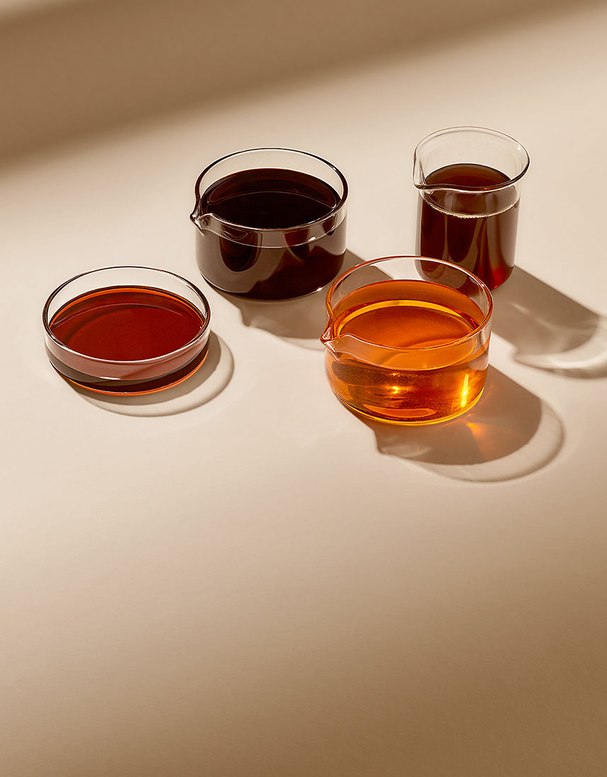 Mehrere Glasgefäße mit unterschiedlich gefärbten Sirupen von hell bis dunkel auf hellem Hintergrund.