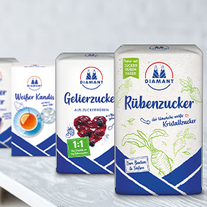 Verschiedene Zuckerprodukte von Diamant auf einem Regal.