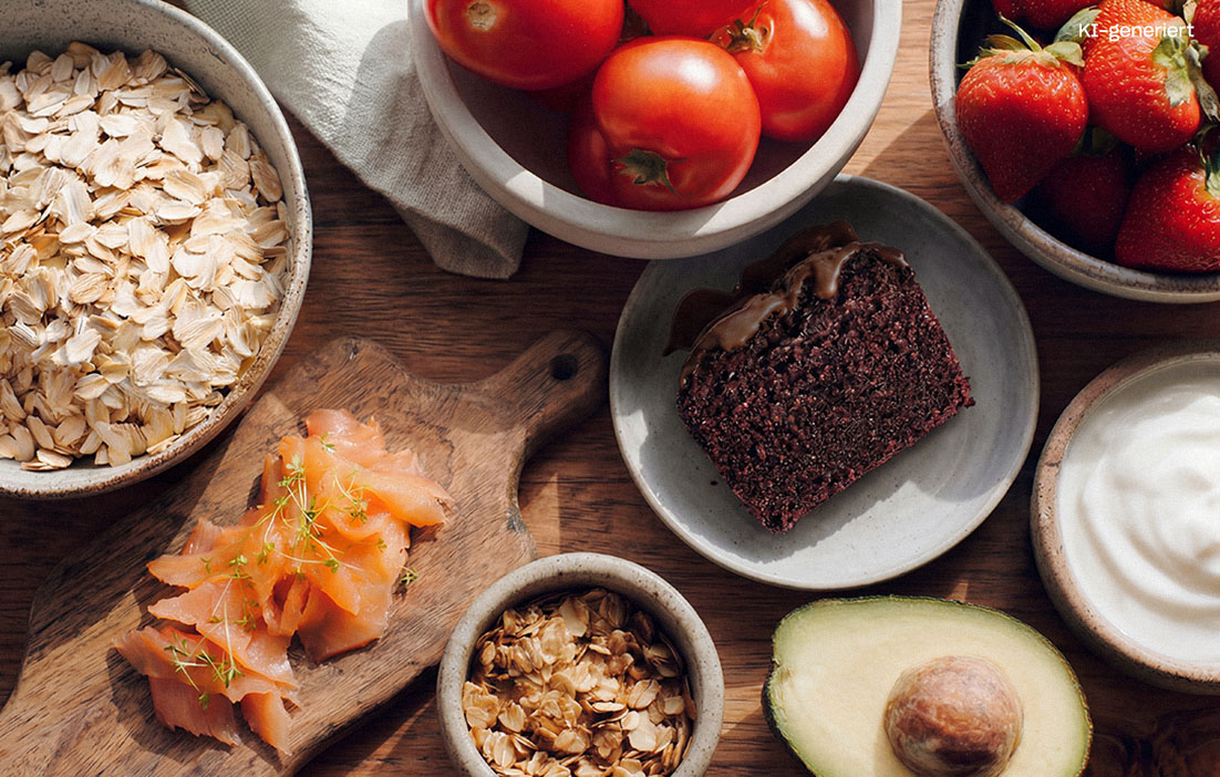 Verschiedene Lebensmittel wie Haferflocken, Lachs, Erdbeeren, Joghurt, Kuchen, Tomaten, Avocado und Müsli auf einem Tisch.